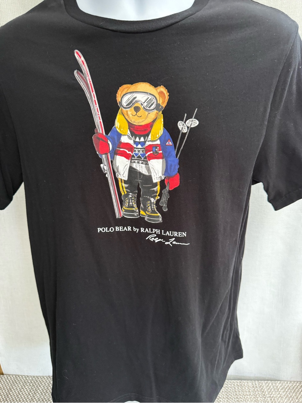 Boy's Ralph Lauren Black Tee with Multicolor Polo Bear Ski Graphic